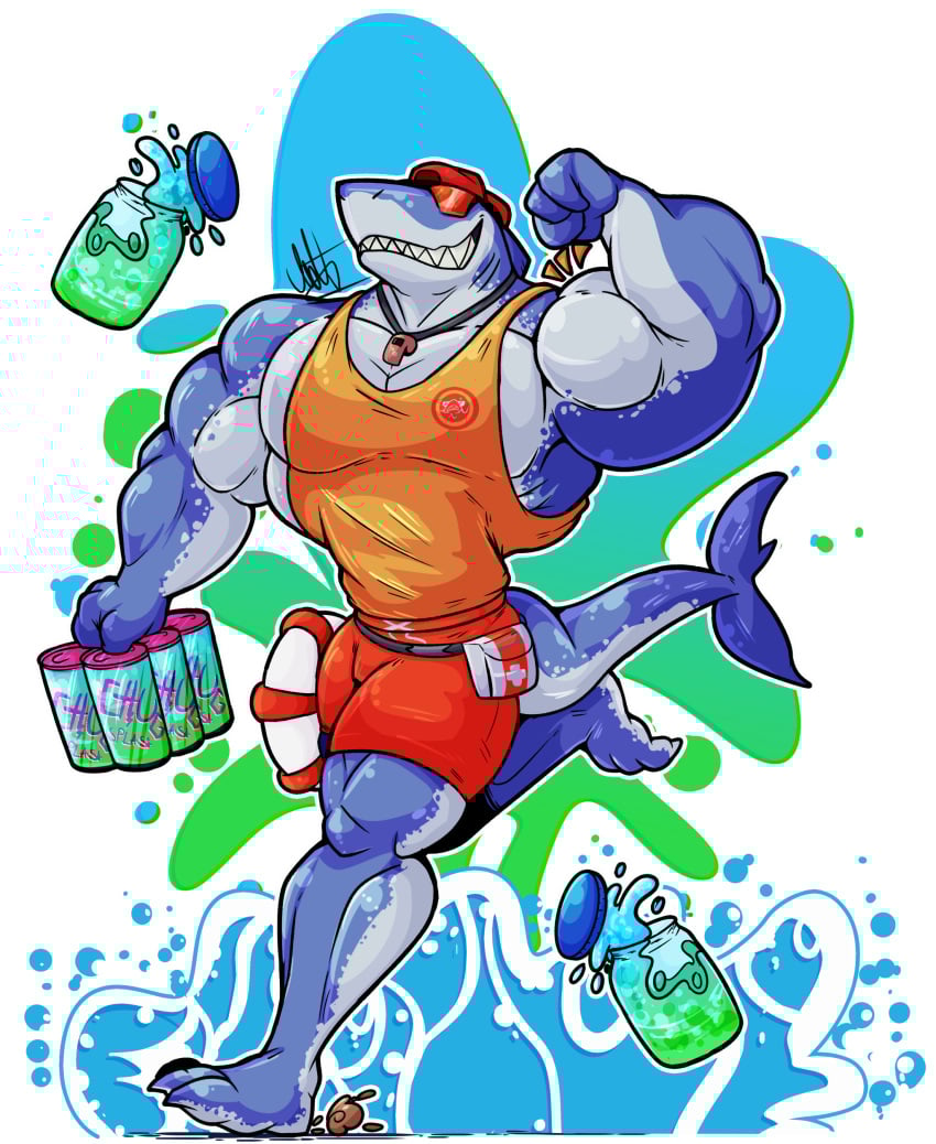 accessory anthro anthro_only artist_request artist_signature bara biceps big_muscles buff cans cap clothed clothed_male clothing drinks first_aid_kit fluids fortnite furry gay humanoid inflatable jars lifeguard liquid male male_only marine marine_humanoid muscles muscular muscular_anthro muscular_arms muscular_male muscular_thighs pecs red_shorts running safety_first_steve_(fortnite) shark sharp_teeth shorts showing_off_muscles signature sleeveless smile solo solo_anthro solo_male sunglasses tail tank_top teeth thick_thighs thighs video_games water waves whistle yellow_shirt