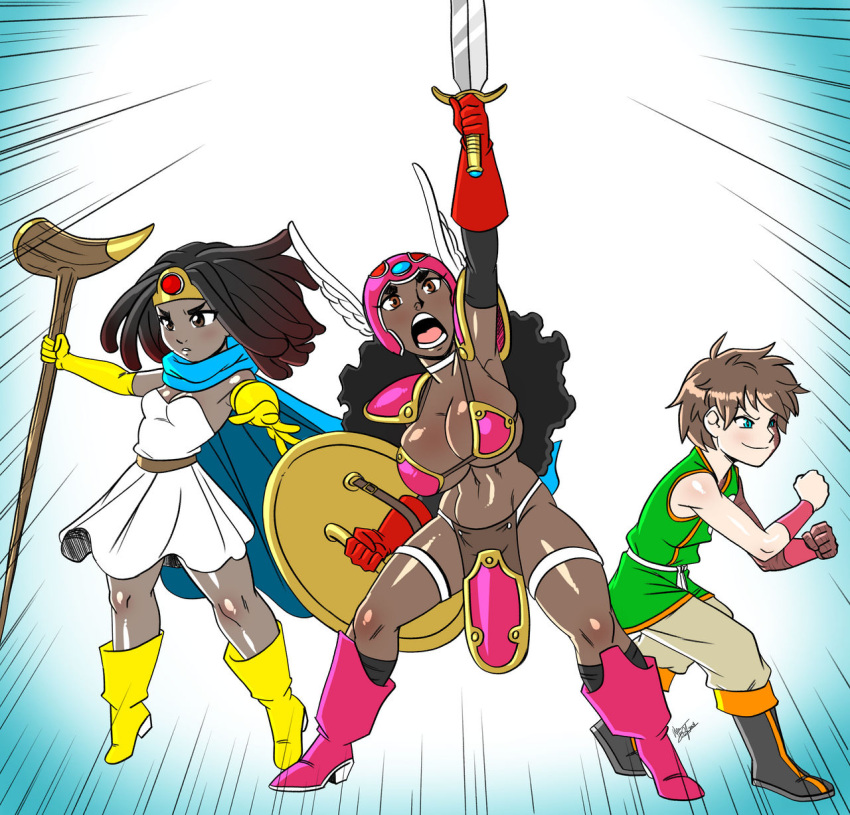 1boy 2girls aeolus06 african_female afro ayana_(mermaid_kunoichi) big_breasts bikini_armor black_hair blue_eyes breasts brown_hair burn_scar cosplay dark_brown_eyes david_dekker_(mermaid_kunoichi) dragon_quest dragon_quest_iii dreadlocks female fighter_(dq3) fighter_(dq3)_(cosplay) male milf mother_and_son pose posing sage_(dq3) sage_(dq3)_(cosplay) sala_rolle_(mermaid_kunoichi) soldier_(dq3) soldier_(dq3)_(cosplay) square_enix staff sword