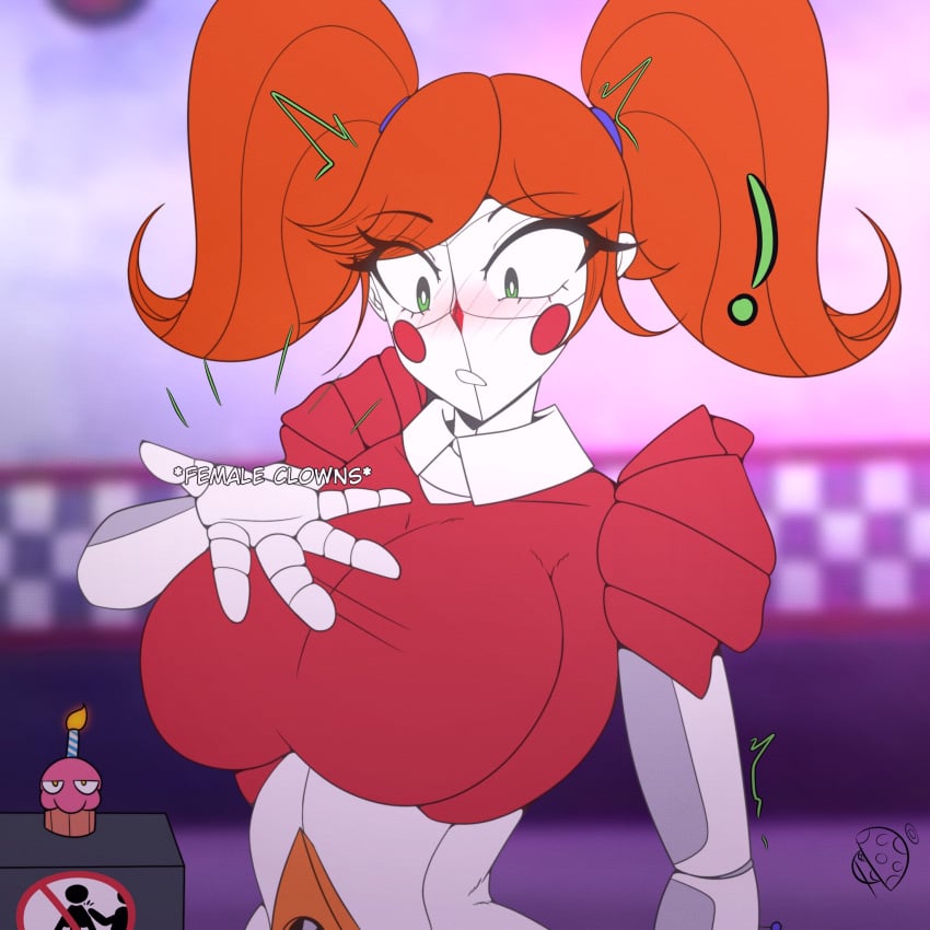 1girls baby_(fnafsl) big_breasts blush breasts breasts_bigger_than_head circus_baby circus_baby_(fnaf) clown clown_girl cupcake_(fnaf) dialogue female female_only five_nights_at_freddy&#039;s five_nights_at_freddy&#039;s:_sister_location five_nights_in_anime fnaf fnia green_hair hand orange_hair pov robot_girl solo solo_female surprised talking_to_viewer text text_bubble tr_yithaz