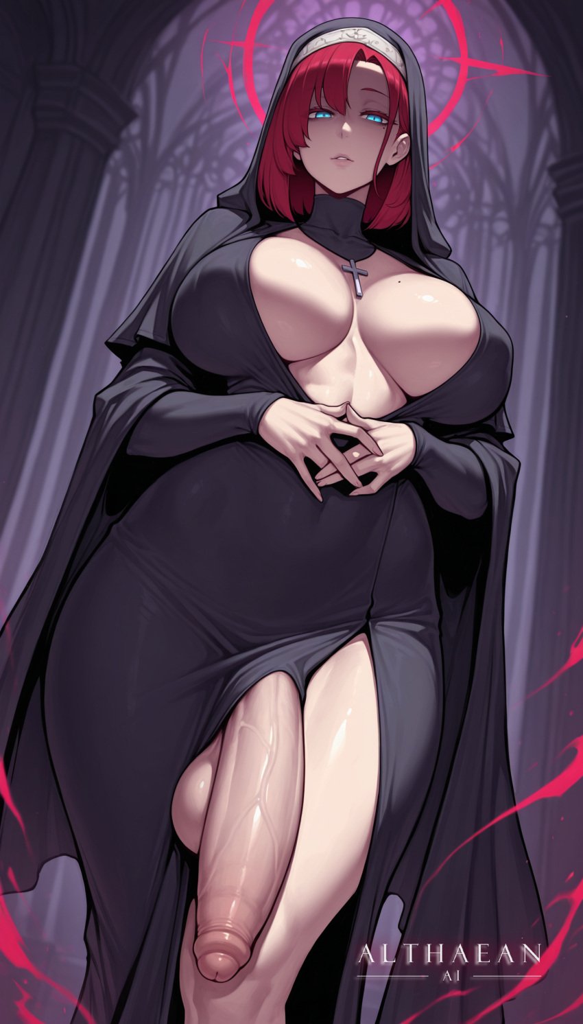 1futa absurdres ai_generated althaean aura balls black_dress blue_eyes breasts cathedral coif cross_necklace curtained_hair dim_lighting dutch_angle female foreskin from_below from_front_position futanari glowing_eyes hair_behind_ear hands_clasped huge_cock inner_sideboob intersex large_balls large_breasts large_penis large_testicles looking_at_viewer maeve_(althaean) mole mole_on_breast mole_under_eye original_character parted_bangs parted_lips penis pinup plunging_neckline pursed_lips red_aura red_hair short_hair stable_diffusion thick_thighs uncircumcised underboob veil veiny_penis voluptuous voluptuous_female voluptuous_futa voluptuous_futanari wide_hips