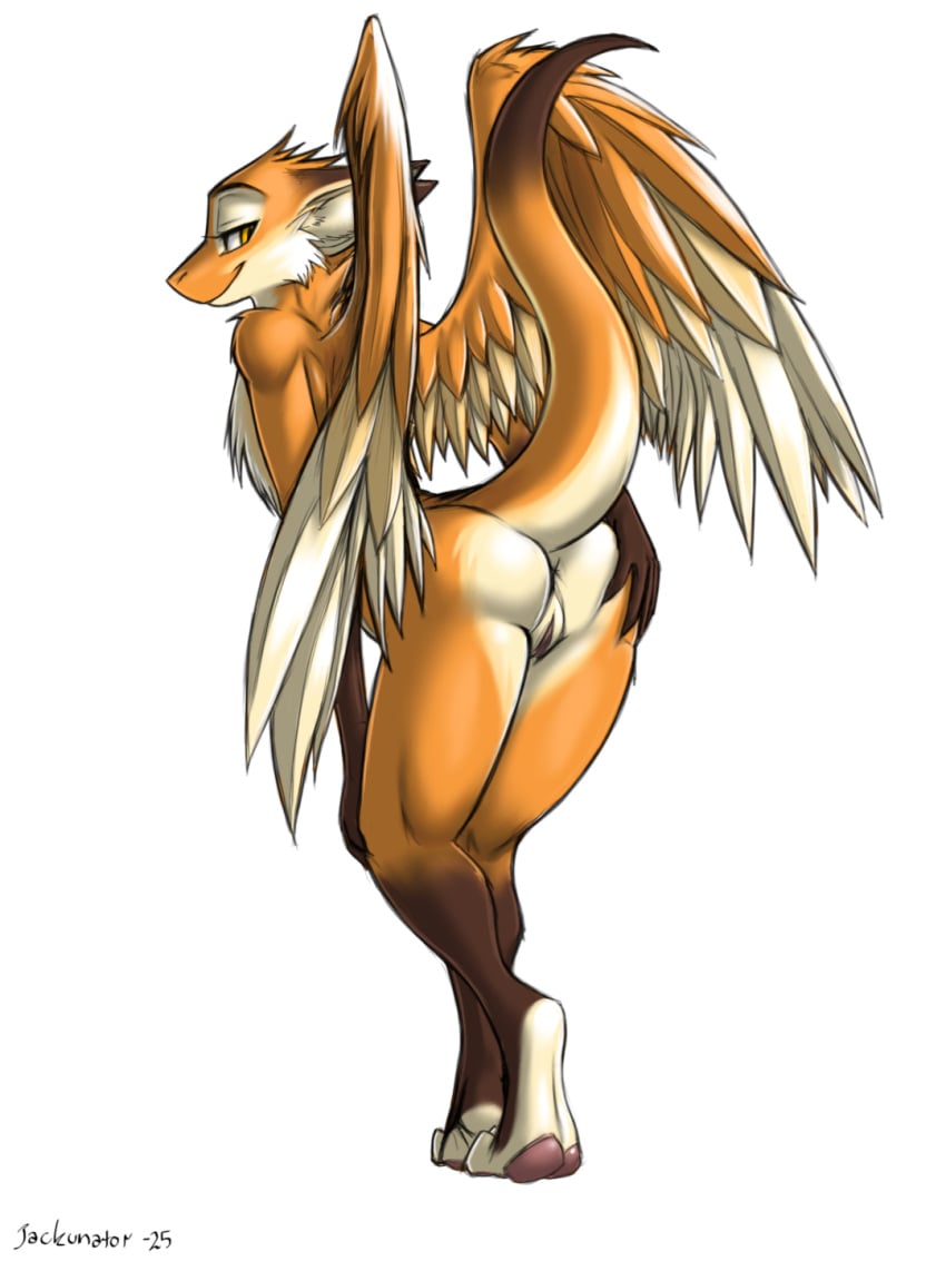 3:4 anthro anus ass bent_over brown_body brown_fur canid canine chest_tuft digital_media_(artwork) dragon dragon_tail feathered_wings feathers female fox fur genitals hi_res hybrid jackunator looking_at_viewer looking_back mammal mythological_creature mythological_scalie mythology nude nude_anthro nude_female orange_body orange_eyes orange_fur pawpads paws presenting pussy raised_tail rear_view scalie simple_background smile smiling_at_viewer solo spread_butt spreading tail tuft white_body white_fur wings