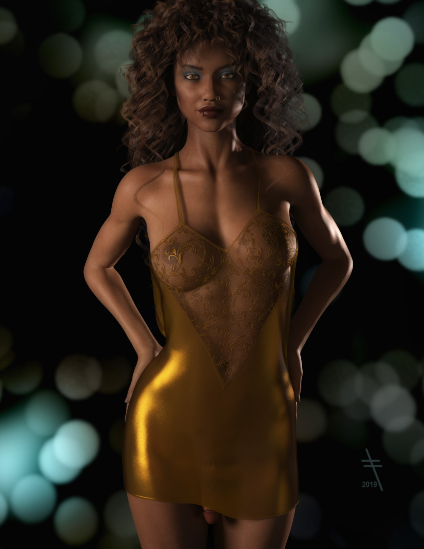 1futa 2019 3d areolae breasts brown_hair brown_skin curly_hair dark-skinned_futanari dickgirl dress eyeshadow flaccid front_view futa_only futanari hands_on_hips highres intersex lace lipstick looking_at_viewer milf nipples penis penis_under_clothes piercings see-through slim standing tweeze watermark