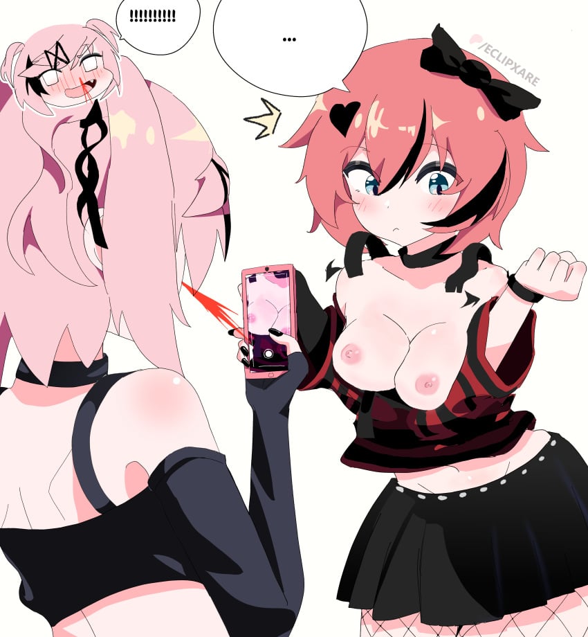 accidental_exposure big_breasts boobs_out breasts breasts_out chibi doki_doki_literature_club eclipxare goth medium_breasts natsuki_(doki_doki_literature_club) nipple_slip nosebleed phone recording sayori_(doki_doki_literature_club) shocked wardrobe_malfunction