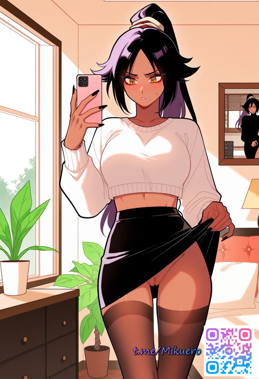 ai_generated bleach female female_focus girl phone pussy shihouin_yoruichi skirt solo