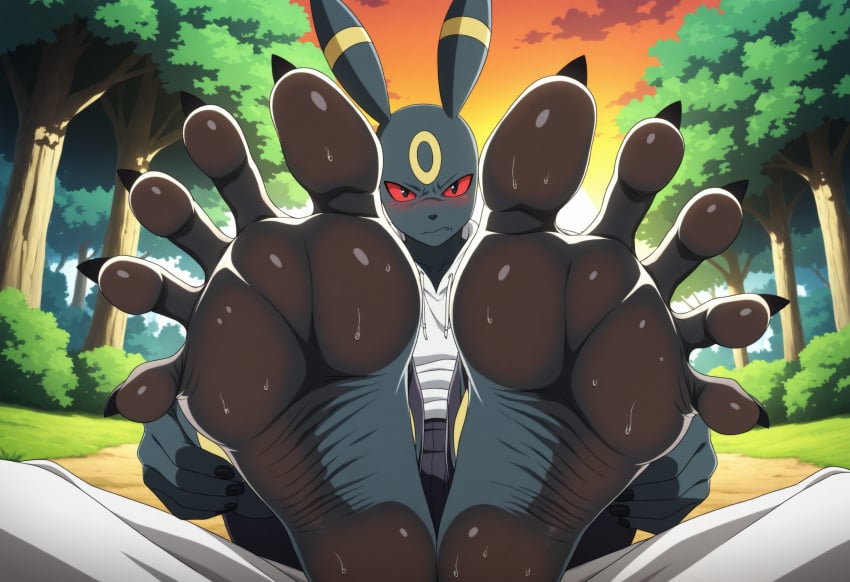 ai_generated background black_fur black_toenails feet feet_together foot_fetish fuealahomg furry nature nature_background pokemon pokemon_(species) red_eyes sexy_feet sitting soles solo spread_toes toenails toes umbreon wrinkled_soles yellow_fur