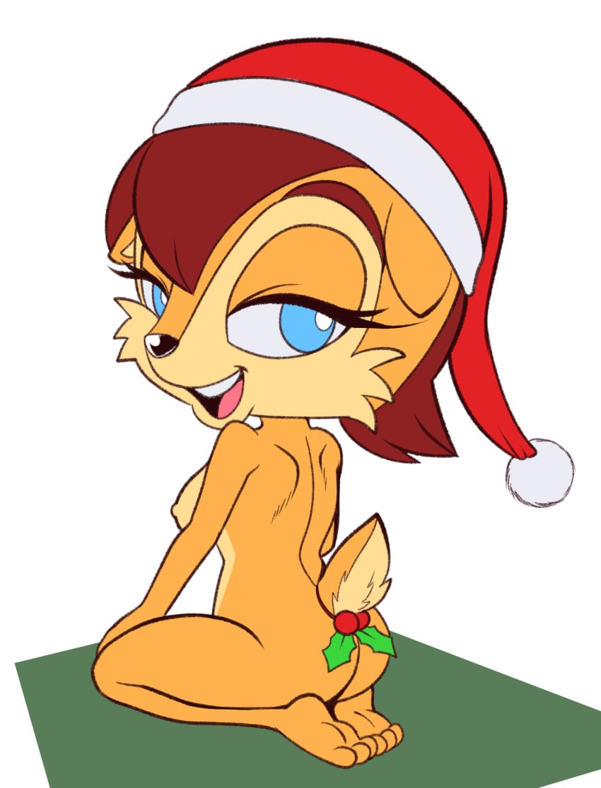 2023 anthro archie_comics ass bedroom_eyes blue_eyes breasts chipmunk christmas christmas_clothing christmas_headwear clothing feet female fours_(artist) fur ground_squirrel hair hat hat_only headgear headgear_only headwear headwear_only hi_res holidays holly_(plant) humanoid_feet kneeling looking_at_viewer looking_back looking_back_at_viewer mammal mostly_nude narrowed_eyes orange_body orange_fur plant plantigrade rear_view red_hair rodent sally_acorn santa_hat sciurid seductive sega simple_background small_feet soles solo sonic_(series) sonic_the_hedgehog_(archie) sonic_the_hedgehog_(comics) sonic_the_hedgehog_(series) white_background