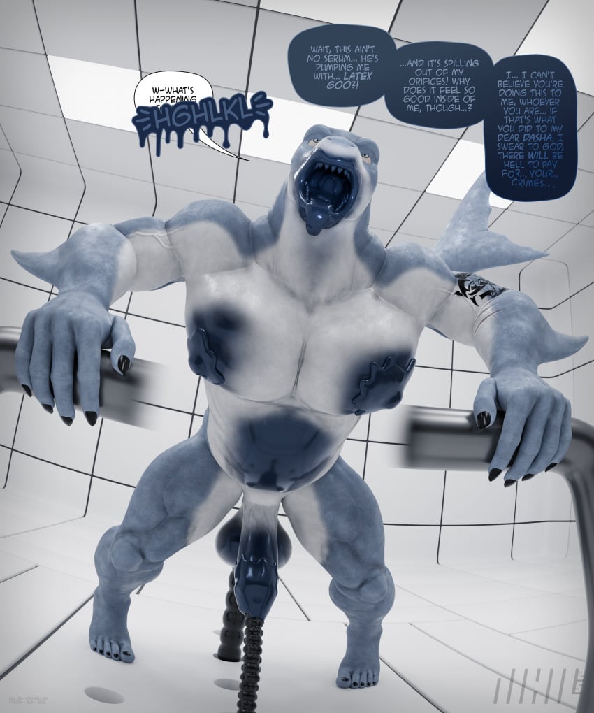 1boy 2025 3d absurd_res all_the_way_through anal anal_sex anthro ball_inflation belly belly_inflation blender_(artwork) bloated codename_nihil dialogue digital_media_(artwork) english_text eye_roll fish gagging hammerhead_(petruz) hi_res humanoid inflation inner_monologue latex latex_transformation leaning leaning_forward leaning_on_object liquid_inflation liquid_latex male male_focus marine multicolored_body open_mouth penetration petruz_(copyright) shark signature solo speech_bubble spread_legs spreading tentacle tentacle_in_ass tentacle_in_urethra tentacle_penetration text thinking thought_bubble transformation two_tone_body urethral urethral_penetration watermark wide_stance