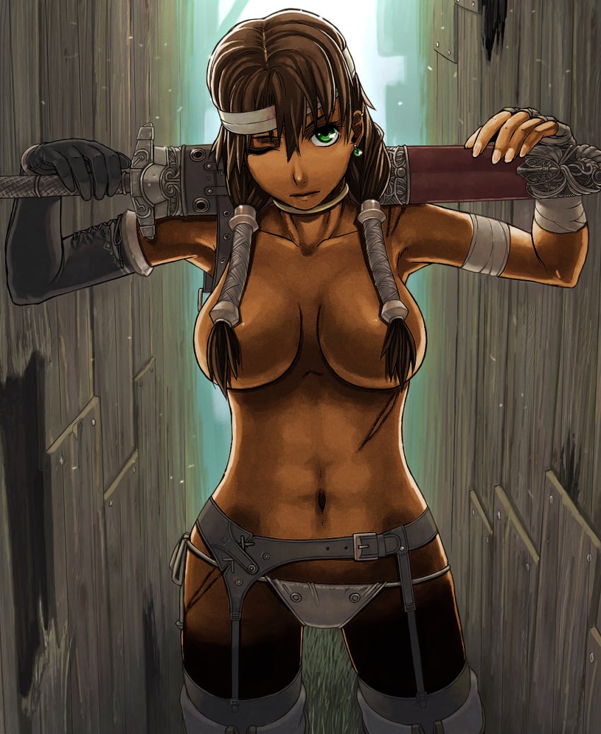 artist_request brown_hair convenient_censoring dark_skin green_eyes highres itou_(onsoku_tassha) tied_hair twintails