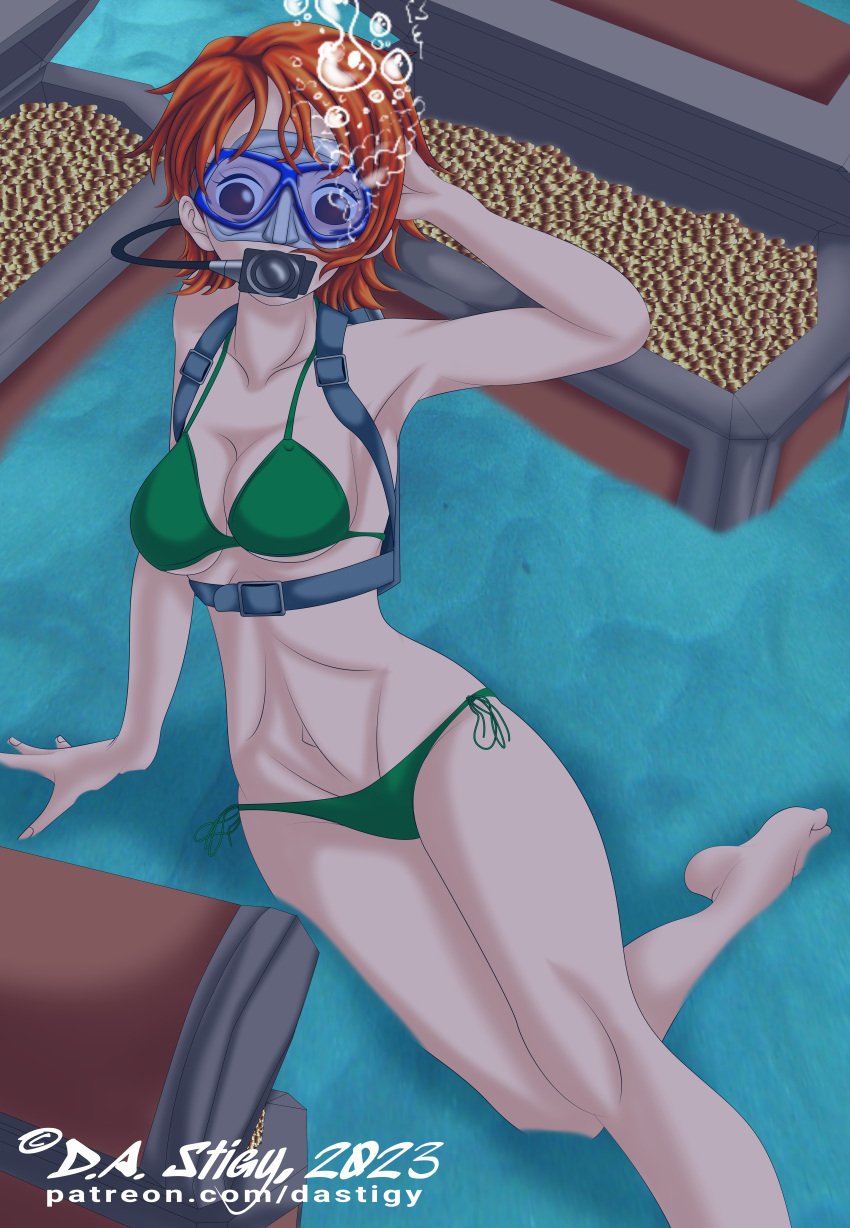 1girls barefoot coins dastigy feet female female_only female_solo gold_coin gold_coins green_bikini green_bikini_bottom green_bikini_only green_bikini_top nami_(one_piece) one_piece orange_hair scuba scuba_gear scuba_mask scuba_tank short solo solo_female solo_only treasure treasure_chest