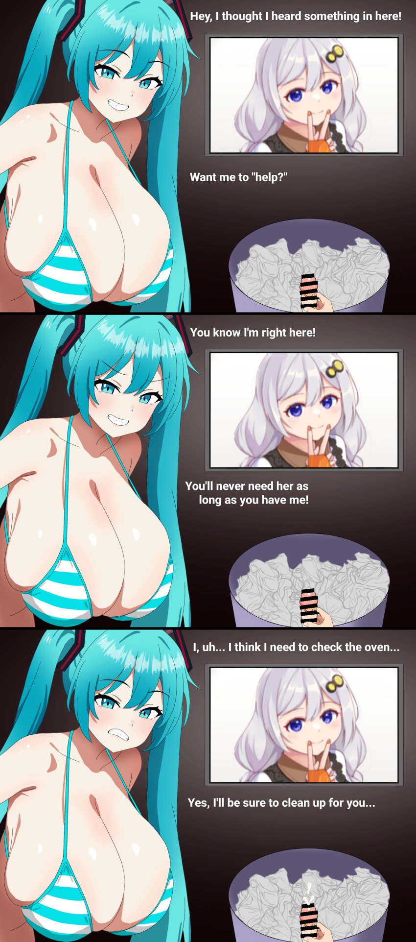 1boy 1girls begging big_breasts bikini caught_in_the_act comic cum dialogue ejaculation female/male hatsune_miku huge_breasts jealous kizuna_akari male_pov masturbation pov trash trash_can vocaloid voiceroid