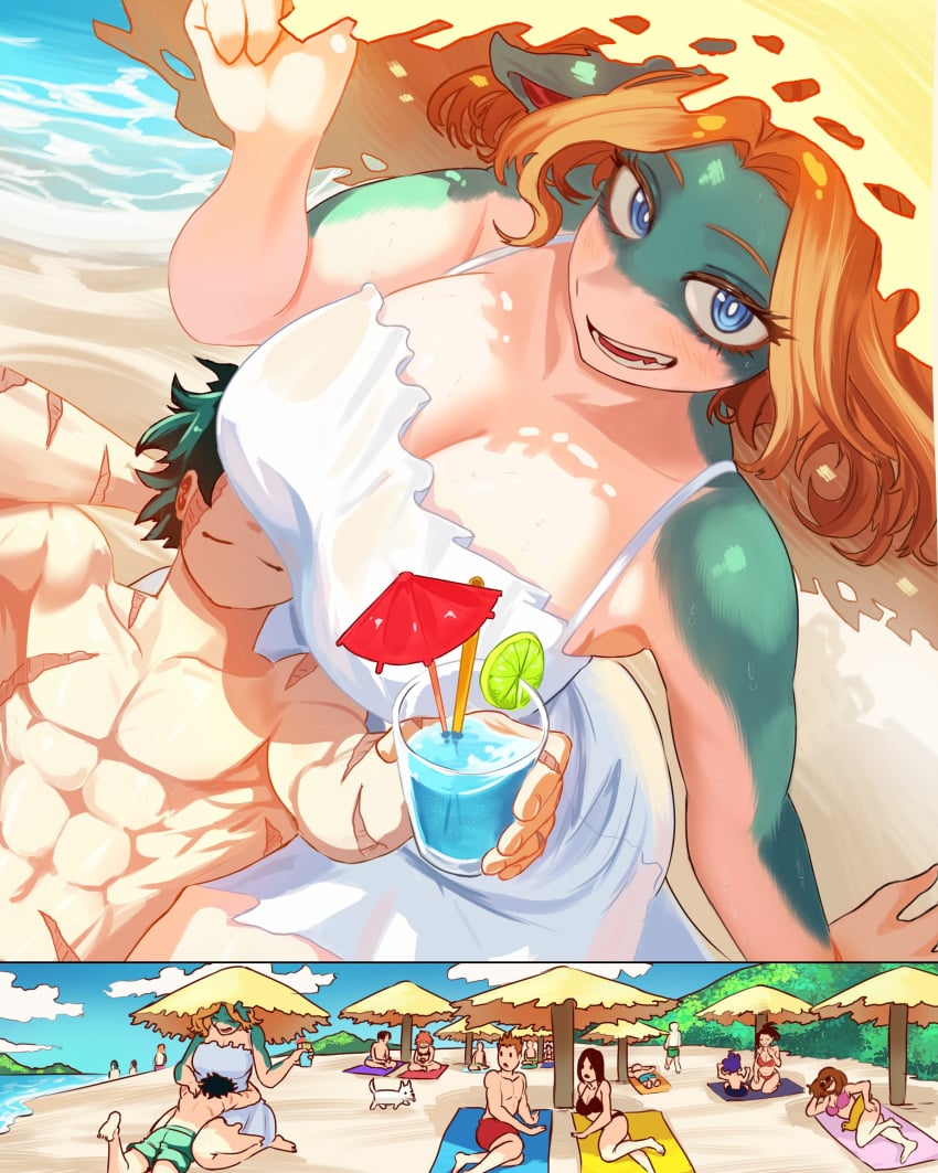 animal_ears beach belly_hug big_breasts blonde_hair blue_eyes boku_no_hero_academia cleavage clothed couple crowd deku down_blouse dress duo_focus green_skin huge_breasts husband_and_wife interspecies ippan_josei lap_pillow large_breasts midoriya_izuku mineta_minoru muscular muscular_male romantic romantic_couple scars_all_over snout straight sun_hat sundress taller_girl topless topless_male two-tone_skin uraraka_ochako vlizz white_dress yaoyorozu_momo