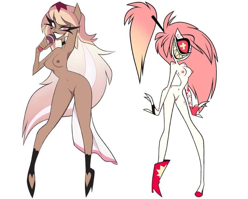 2demons 2girls artist_request cherri_bomb demon demon_girl demon_girls demon_humanoid demons hazbin_hotel helluva_boss source_request tagme verosika_mayday_(helluva_boss) vivienne_medrano vivziepop