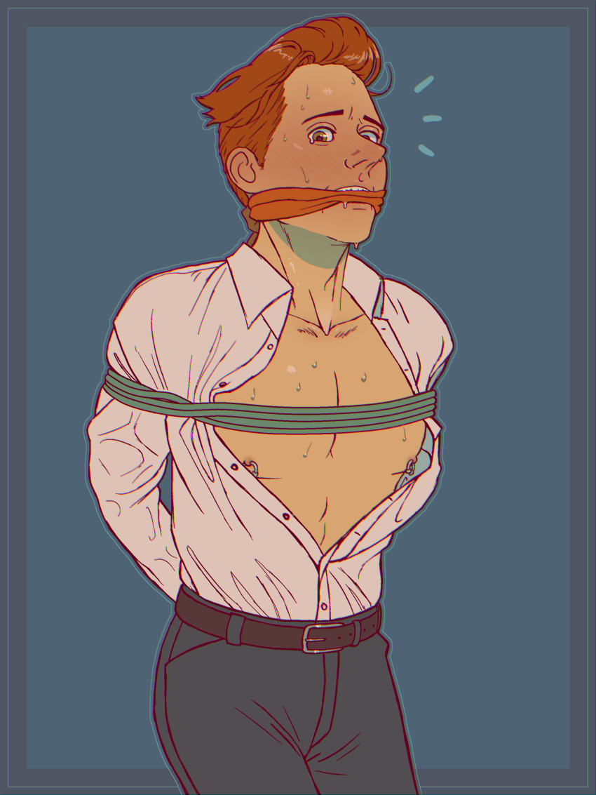 1boy bondage brett_hand cloth_gag emetofiles gag inside_job male male_only open_shirt pierced_nipples rope_bondage sweat