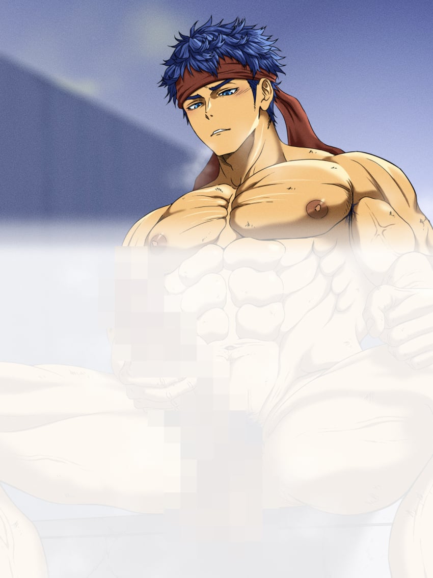 1boy bara blue_eyes blue_hair censored completely_nude fire_emblem fire_emblem:_radiant_dawn headband ike_(fire_emblem) male male_focus male_only muscular muscular_male nipples nude paid_reward_available peanuts4343 short_hair solo steam