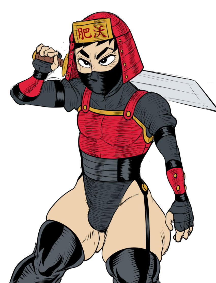 1boy angry_expression angry_face armor balls_bulge big_thighs detnox femboy huge_thighs katana legwear male mask masked masked_male ninja original penis_bulge red_armor ryusei_(detnox) samurai serious solo solo_male sword