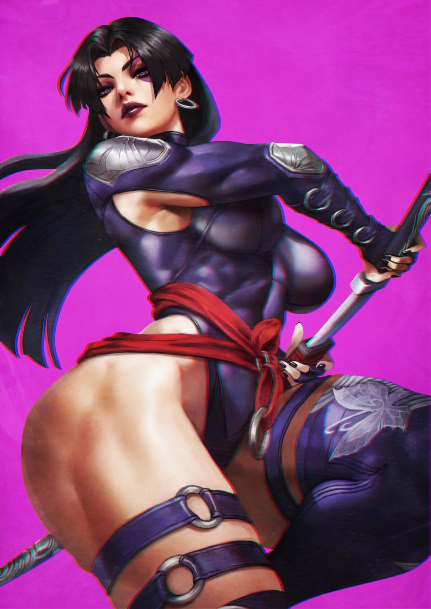 1girls ass big_ass big_breasts female female_only looking_at_viewer low-angle_view marvel marvel_rivals monorirogue psylocke psylocke_(marvel_rivals) sai_(marvel) thick_thighs vengeance_psylocke