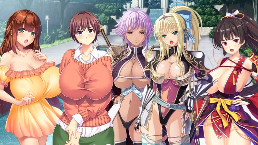 5girls angry_eyes argument bare_shoulders black_hair blonde_hair brown_hair cleavage closed_mouth clothed_female discussion edit edited_image female female_knight female_only fukunaga_koharu game_cg gigantic_breasts gladys_von_walkenheim huge_breasts hyper_breasts isis_petrovna_ellenskaia kashima_hikari kyonyuu_fantasy kyonyuu_fantasy_gaiden kyonyuu_fantasy_gaiden_2 kyonyuu_reijou_mc_gakuen large_breasts long_hair lune maou_ga_gendai_sekai_ni_tensei_shitara_oppai_o_medenakute_wa_naranaku_natta_ken married_woman massive_breasts mature_female moonstone_cherry nipples_visible_through_clothing open_eyes open_mouth pool purple_hair queen schoolgirl sex_open_world_e_youkoso! short_hair sword weapon yawato_iroha