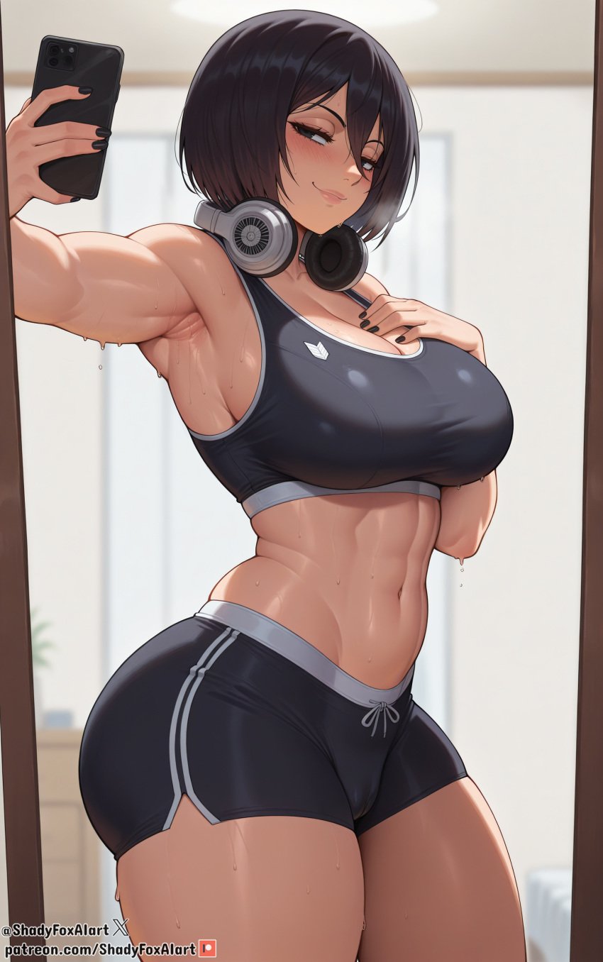 1girl 2025 abs ai_generated alternate_version_available armpits ass attack_on_titan balls bangs bare_shoulders bedroom big_ass big_breasts black_eyes black_hair black_nails blurry_background blush bob_cut breast_suppress breasts breathing bulge camel_toe cellphone closed_mouth collarbone cowboy_shot curtains curvy dolphin_shorts female female_only front_view hair_between_eyes half-closed_eyes hand_on_breast hand_on_chest headphones headphones_around_neck high_resolution highres holding_object indoors lips looking_at_viewer midriff mikasa_ackerman mirror mirror_selfie nail_polish navel phone post_workout pussy pussy_bulge reflection seductive seductive_look seductive_smile self_upload selfie shadyfox shingeki_no_kyojin short_hair shorts skindentation solo solo_female solo_focus sports_bra sportswear stable_diffusion standing sweat sweatdrop sweating sweaty sweaty_armpits taking_picture testicles thick_thighs thighs toned wet_skin