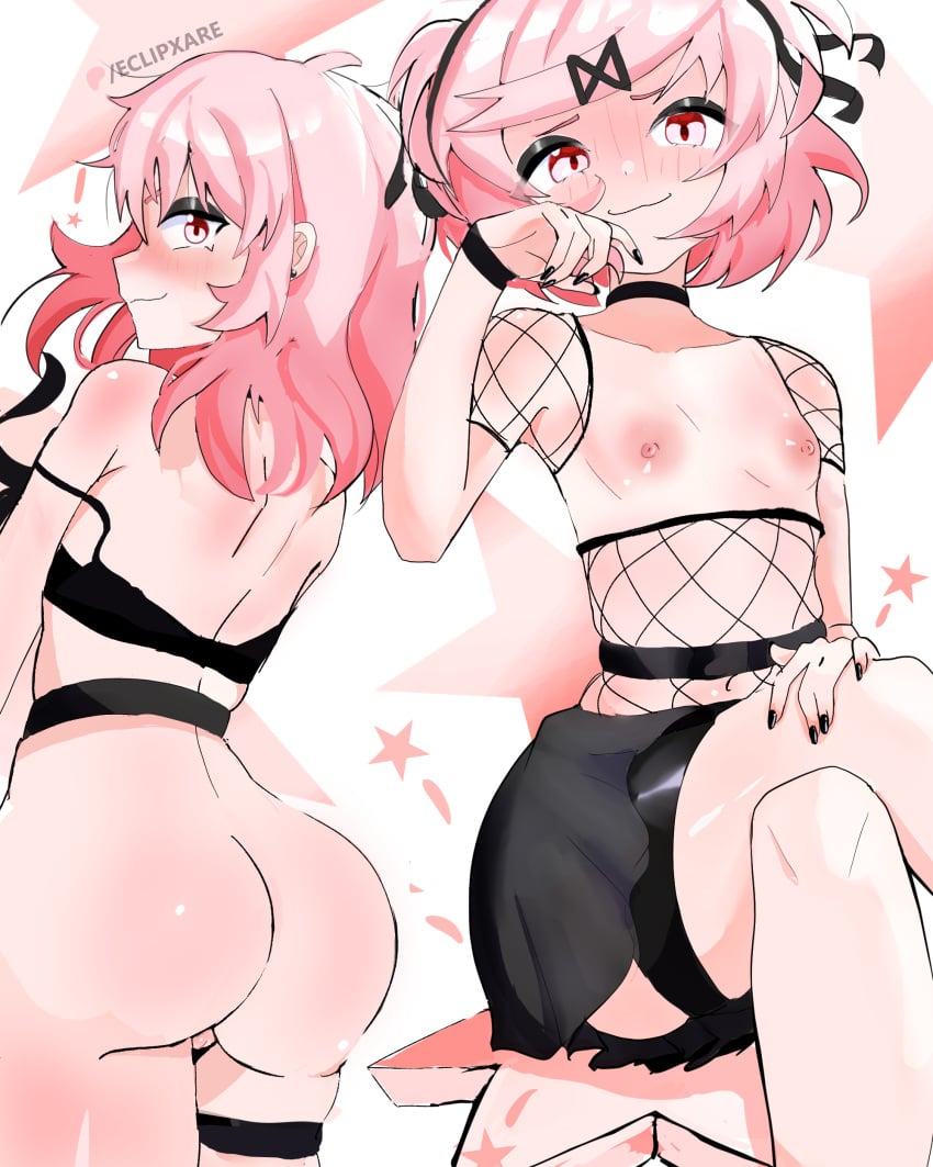 ass behind_view big_ass big_butt bubble_ass bubble_butt doki_doki_literature_club eclipxare fishnets goth looking_back natsuki_(doki_doki_literature_club) petite petite_body skirt small_breasts