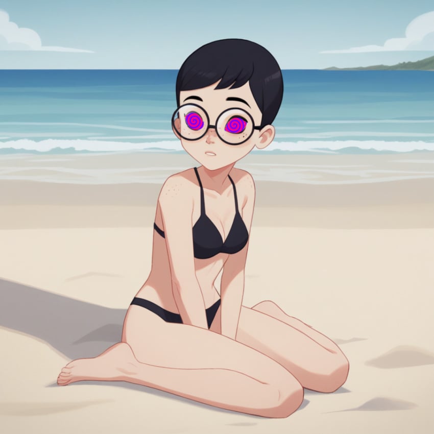 1girls ai_generated bare_arms bare_legs beach beach_background bikini bikini_bottom bikini_top black_bra black_panties carmen_sandiego_(2019) carmen_sandiego_(franchise) female female_focus glasses hypnosis julia_argent julia_argent_(carmen_sandiego) leaf midriff short_hair sitting small_breasts solo solo_female solo_focus spiral spiral_eyes spiralwash_eyes swimsuit symbol_in_eyes zupern0va_(manipper)