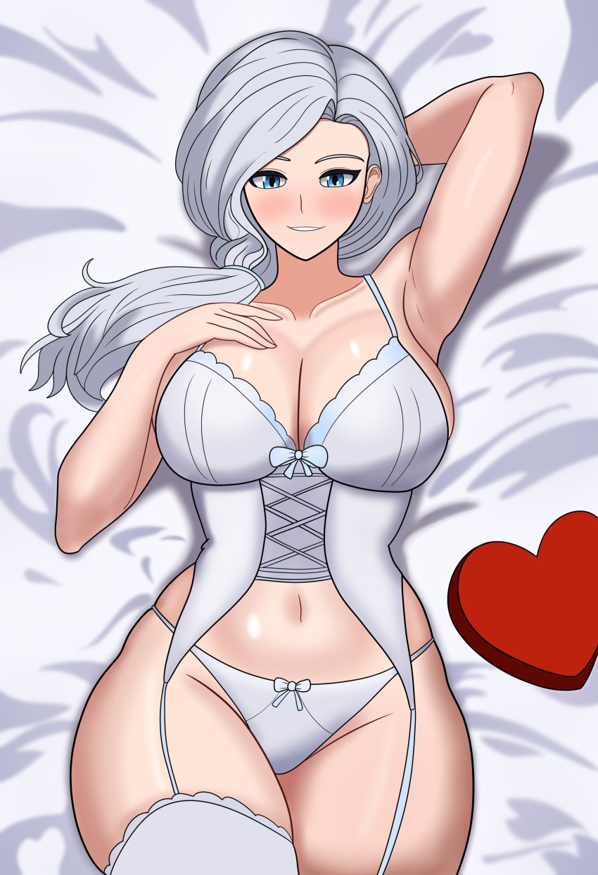 1girls big_breasts blue_eyes blush bojack198 breasts corset cowboy_shot female female_only garter_straps hand_behind_head hand_on_own_breast heart_box huge_breasts large_breasts lingerie mature_female milf panties rooster_teeth rwby side_ponytail smile solo thick_thighs thighhighs valentine&#039;s_day white_hair white_lingerie white_panties wide_hips willow_schnee