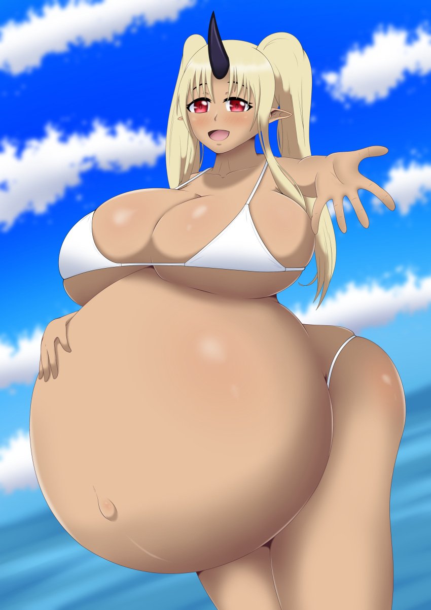 1girls alternate_breast_size belly bikini bikini_bottom bikini_top bloated_belly blonde_hair blush blush breasts breasts_bigger_than_head breasts_on_belly cloud female female_focus gigantic_belly hand_on_belly horn huge_breasts hyper hyper_belly hyper_pregnancy looking_at_viewer monster_musume_no_iru_nichijou ocean ogre ogre_girl open_mouth pointy_ears pregnant pregnant_female ready_to_pop red_eyes round_belly skindentation sky standing thick_thighs thighs timaeus tionishia_(monster_musume) twintails white_bikini