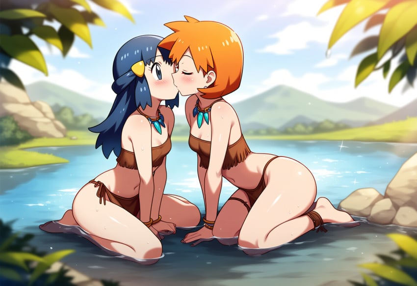 2girls ai_generated anklet bangs bare_legs bare_shoulders barefoot beach bent_knees bikini blue_eyes blue_hair blush bracelet breast-to-breast breasts brown_skirt clavicle cleavage closed_eyes closed_mouth clothing cloud dawn_(pokemon) day feet female female_only forest hair_ornament hairclip jewelry kasumi_(pokemon) kissing kneeling large_breasts legs loincloth long_hair looking_at_another medium_breasts misty_(pokemon_hgss) multiple_girls nature navel necklace ocean orange_hair outdoors palm_tree partially_submerged pokemon pokemon_(anime) pokemon_(game) shiny short_hair sitting sky small_breasts stomach swimsuit thighs toes tree tribal wariza water wet yuri