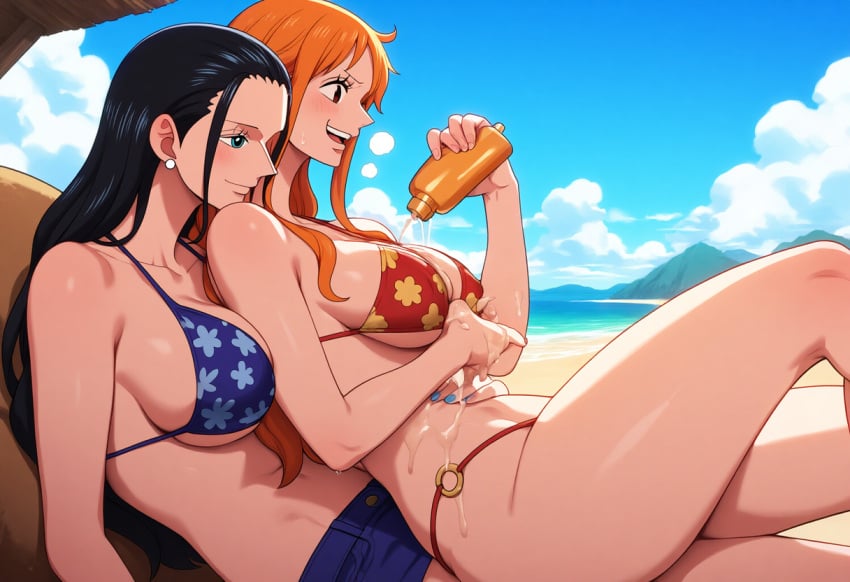 2girls ai_generated applying_sunscreen beach big_ass big_breasts big_butt bikini blush blushing_female breasts_pressed_against_back breasts_pressed_against_partner breath bubble_ass bubble_butt chin_rest cleavage deep_cleavage dripping duo duo_female female female_only huge_ass huge_breasts large_breasts lotion lotion_bottle lying_on_partner lying_on_person massive_breasts nami narrow_waist nico_robin one_piece self_upload sunscreen sunscreen_on_breasts sweatdrop sweating sweaty sweaty_body sweaty_breasts thick_thighs wide_hips yeetyboi5000 yuri yuri