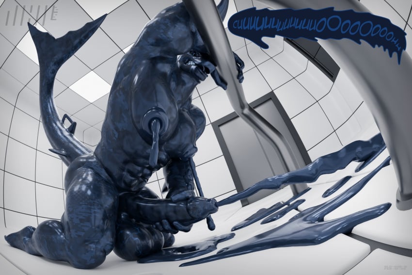 1boy 2025 3d anthro balls big_balls big_pecs blender_(artwork) bodily_fluids codename_nihil cum digital_media_(artwork) dutch_angle ejaculation english_text fish fisheye_lens genital_fluids genitals hammerhead_(petruz) hi_res humanoid kneeling latex latex_transformation leaking_nipples leaning leaning_forward leaning_on_object living_sex_doll living_sex_toy low-angle_view male male_focus marine masturbation muscular orgasm pecs penis perspective petruz_(copyright) shark showing_teeth solo stroking_penis text toyholes transformation unusual_bodily_fluids unusual_cum unusual_genital_fluids