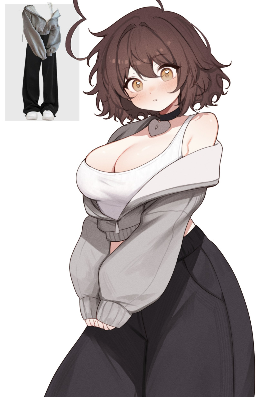 1girls ahoge amber_eyes blush blushing breasts brown_hair choker cleavage clothed clothes female female_focus female_only heart-shaped_pupils jacket large_breasts light-skinned_female light_skin looking_at_viewer original original_character short_hair sky_(skyaboveme) skyaboveme solo solo_female virtual_youtuber vtuber white_background