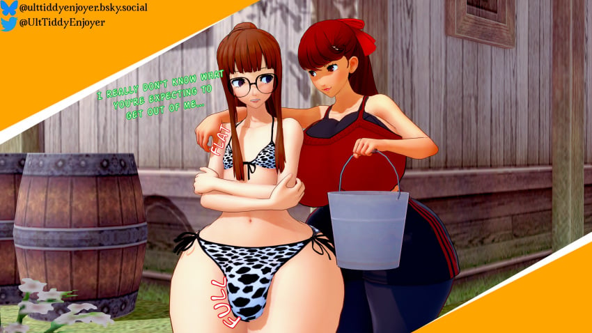 1futa 1girls 3d bikini bulge bulge_through_clothing cock_bulge cow_print cowkini farm front-tie_bikini futanari glasses huge_ass huge_breasts huge_cock kasumi_yoshizawa koikatsu large_ass large_breasts large_penis orange_hair persona persona_5 ponytail red_hair sakura_futaba side-tie_bikini sports_bra sportswear sumire_yoshizawa text ulttiddyenjoyer