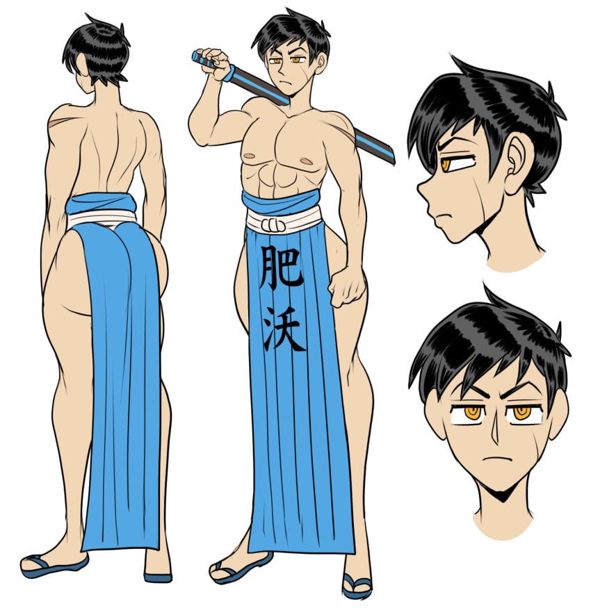 big_ass black_hair character_sheet detnox femboy huge_ass katana musclegut muscles muscular_male nipples no_shirt original pose ryusei_(detnox) samurai scar scar_on_face serious sword yellow_eyes