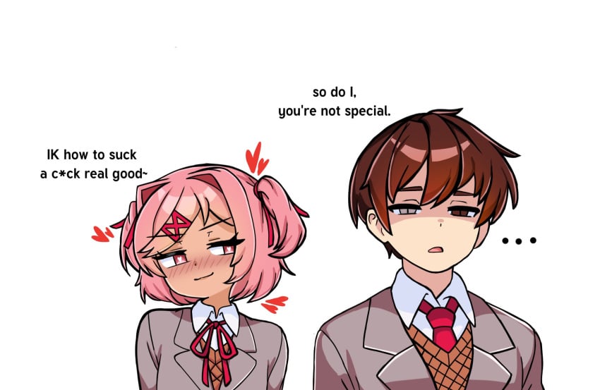 1boy 1girls bisexual bisexual_male brown_hair ddlc:_alt_(somniserotonin) doki_doki_literature_club english_text heart heart-shaped_pupils hearts heterochromia mc_(doki_doki_literature_club!) natsuki_(doki_doki_literature_club) pink_eyes pink_hair somnipheromone text