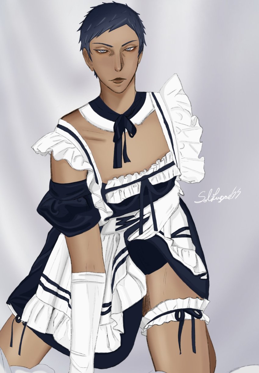 aomine_daiki crossdressing daiki_aomine femboy kuroko's_basketball kuroko_no_basuke maid_outfit male_in_dress short_hair tan_skin