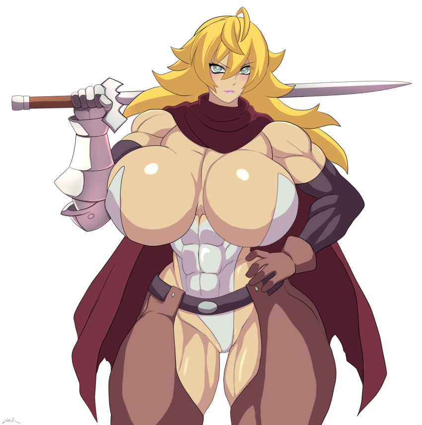 1girls abs areola_slip arm_sleeves bikini_armor blonde_hair blush breasts bursting_breasts cleavage female female_only hand_on_hip huge_ass huge_breasts hyper hyper_breasts looking_at_viewer muscles muscular_female original pale_skin perky_breasts pose solo sword text thick_thighs thighs tight_clothing vivian watermark weapon wide_hips zetarok