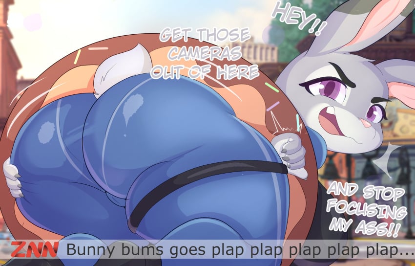 2024 angry anthro ass big_butt butt_focus butt_jiggle dessert dialogue disney doughnut ears_up english_text european_rabbit female food hand_on_butt hi_res illustratorfake jiggling judy_hopps judy_stuck_in_donut_redraw lagomorph leporid looking_at_viewer looking_back mammal motion_lines news news_report open_mouth oryctolagus pastry purple_eyes rabbit scut_tail short_tail solo stuck tail talking_to_viewer text thick_thighs zootopia