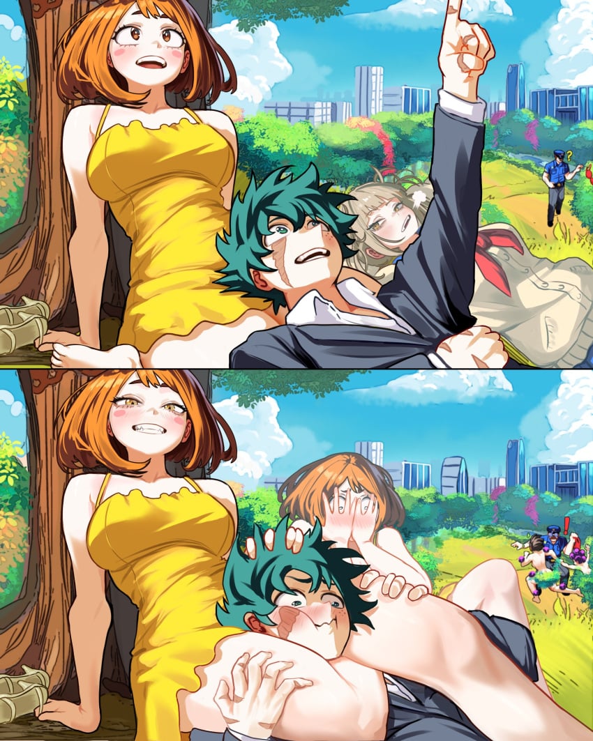 2koma asphyxiation barefoot blush_stickers boku_no_hero_academia brown_eyes brown_hair couple couple_(romantic) deku dress duo duo_focus evil_grin funny funny_background_event ghost ghost_girl green_eyes green_hair grin head_between_thighs leglock midoriya_izuku mineta_minoru minidress possession romantic romantic_couple scar scars_all_over short_hair straight sundress thick_thighs toga_himiko triangle_choke uraraka_ochako yaoyorozu_momo yellow_dress