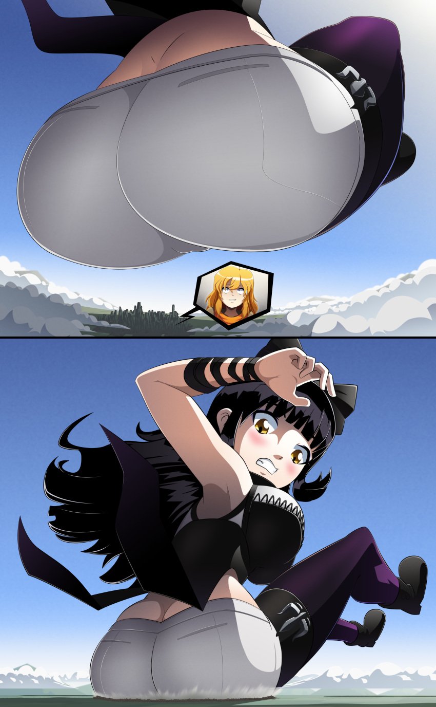 armpits big_ass big_breasts blake_belladonna blush blush city giantess looking_back midriff ravenravenraven rwby stockings yang_xiao_long