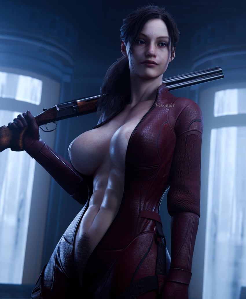 3d abs big_breasts blue_eyes breasts brown_hair busty capcom claire_redfield claire_redfield_(jordan_mcewen) female female_focus female_only hourglass_figure inner_sideboob jill_valentine_bodysuit long_hair medium_breasts pinup pinup_pose resident_evil resident_evil_2 resident_evil_2_remake sideboob tagme vexonair wide_hips