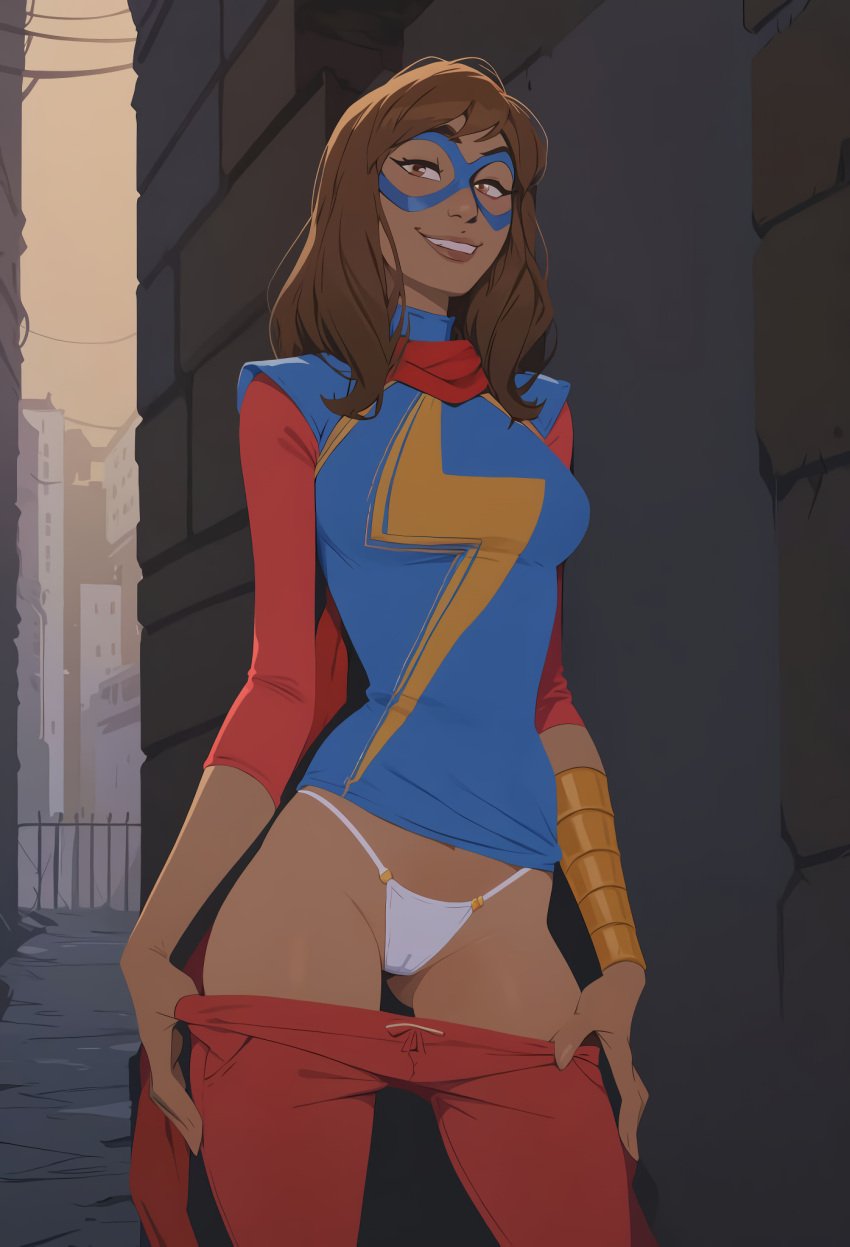 1girls ai_generated alley alleyway ashmount bikini brown_body brown_eyes brown_hair brown_skin brown_skinned_female building buildings dark-skinned_female female kamala_khan looking_at_viewer marvel marvel_comics mask masked_female ms._marvel ms._marvel_(kamala_khan) muslim muslim_female nerd nerdy_female outside pakistani pakistani_female panties pants_down sky smile smiling smiling_at_viewer smiling_female