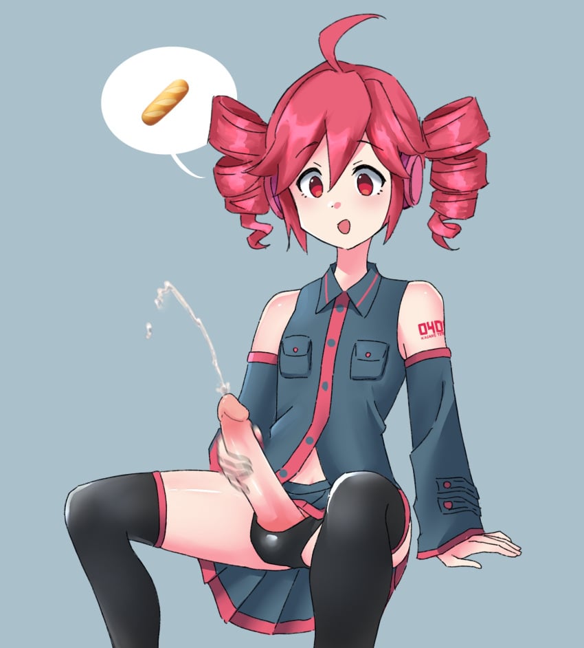 1futa ahoge arm_warmers baguette balls black_panties breasts clothed clothing cum drill_hair ejaculation emoji erection futa_only futanari headphones human kasane_teto kneehighs light-skinned_futanari light_skin masturbation mostly_clothed panty_bulge penis pink_hair pleated_skirt red_eyes solo the_freakin&#039;_yui utau