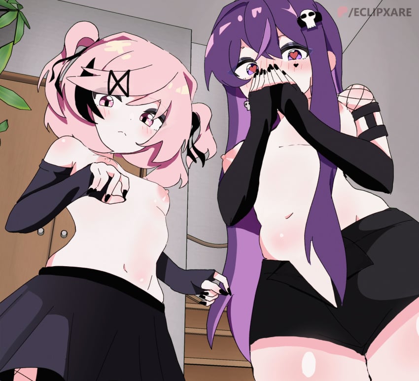 2girls animated big_ass big_breasts big_butt doki_doki_literature_club eclipxare gif goth goth_girl large_breasts looking_at_viewer natsuki_(doki_doki_literature_club) shirtless skirt thick_thighs twintails two_side_up yuri_(doki_doki_literature_club)