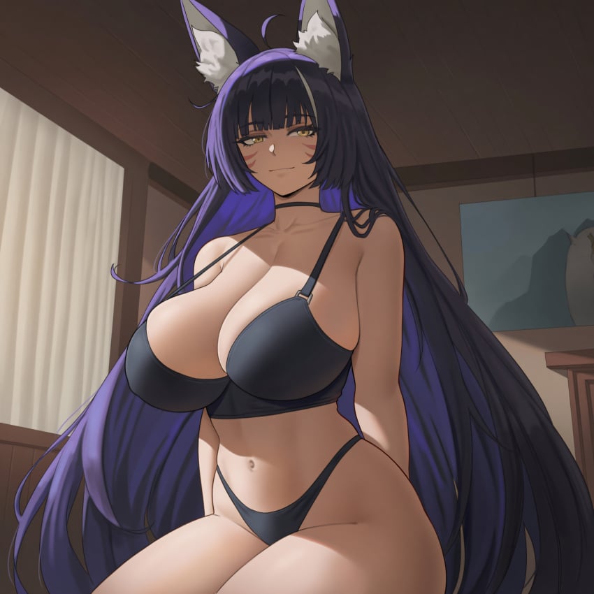 ai_generated azur_lane bikini bra fox_ears fox_girl huge_breasts long_hair musashi_(azur_lane) navel purple_hair room roxor solo wide_hips yellow_eyes