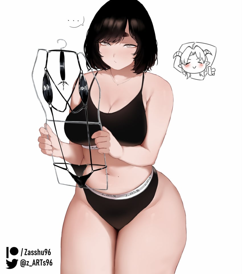 ... 1girls 2d bikini black_bikini black_hair clothes_hanger curvy curvy_female embarrassed_underwear_female female female_only girls_reacting_to_bikini_(meme) holding_clothes_hanger large_breasts meme micro_bikini original original_character plump short_eyebrows short_hair slightly_chubby solo spoken_ellipsis sports_bra sports_panties thick_eyebrows zasshu zasshu96