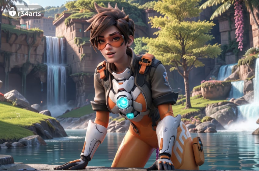 1girls ai_generated artist_name blizzard_entertainment bodysuit bomber_jacket breasts brown_eyes brown_hair chest_harness day gloves goggles harness hi_res jacket leaning_forward lips looking_at_viewer medium_breasts orange_bodysuit orange_goggles outdoors overwatch overwatch_2 parted_lips r34arts river short_hair skin_tight sleeves_rolled_up smile solo spiked_hair stream swept_bangs tinted_eyewear tracer tree vambraces water waterfall watermark web_address