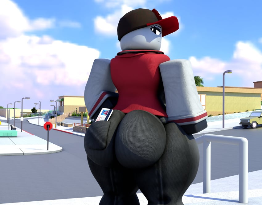 1girls 3d 3d_model 3d_render ass ass_focus back_view background big_ass big_butt black_jeans booty clothed clothed_female female female_focus female_only freckles freckles_on_face gloves grey_skin grey_skinned_female hat id_card jacket jeans long_sleeves looking_at_viewer looking_back looking_over_shoulder nearlyepoint roblox robloxian rubensim thick_thighs thighs tight_clothes tight_clothing tight_pants