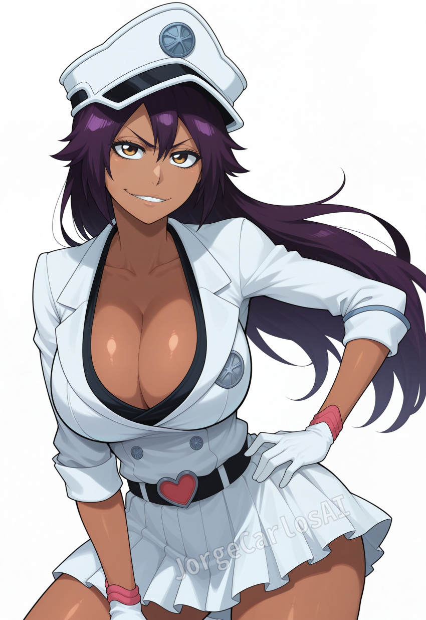 ai_generated bambietta_basterbine_(cosplay) big_breasts bleach bleach:_the_thousand-year_blood_war bleach_brave_souls breasts brown_eyes busty busty_female busty_girl cleavage dark-skinned_female dark_skin hand_on_hip hat headwear jorgecarlosai merge posing purple_hair shihouin_yoruichi smirk sternritter thighs watermark white_clothes white_clothing