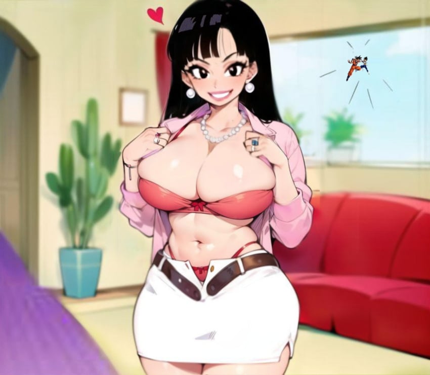 1girls 2boys ai_generated asian_female big_breasts black_hair blackroga blouse cheating cheating_wife chichi chichi_(bulma's_party) clothing curvy dragon_ball dragon_ball_z edit female_focus fighting goku horny_female indoors lingerie long_hair milf open_clothes seductive skirt smile smiling unbuttoned unbuttoned_shirt unbuttoned_skirt vegeta voluptuous window