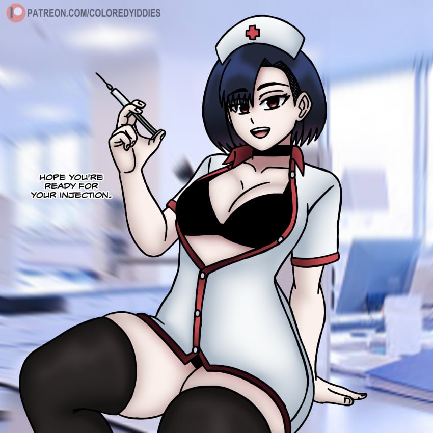 black_hair coloredyiddies dialogue flat_chest lei_(coloredyiddies) nurse nurse_cap red_eyes syringe text thighhighs watermark