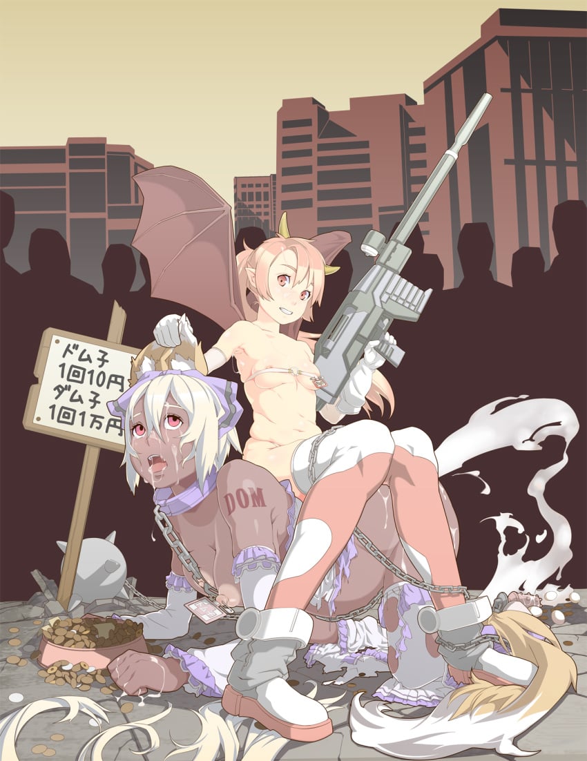 2girls all_fours animal_ear ball_and_chain bat_wings beam_rifle beltbra bondage boots breasts butt_plug_tail buttplug buttplug_tail chains character_request collar cum dark_skin demon_girl detached_sleeves ear_grab elbow_gloves empty_eyes facial female femdom femsub fox_ear fox_girl gloves grin gun gundam high_resolution horns human_chair human_furniture humiliation leash lezdom long_hair money monster_girl multiple_girls name_tag nipple_piercing nipple_tag nipples nude open_mouth overflow pet_bowl piercing pink_eyes pink_hair plump ponytail pregnant price prostitution public_use puffy_nipples safety_pin safety_pin_piercing short_hair sign sitting sitting_on_person smile tail tan tanline tattoo tenako text thighhighs tied_hair tongue torn_clothes translated trigger_discipline weapon white_hair wings yuri